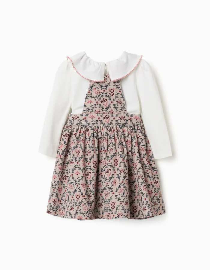 T-shirt and corduroy pinafore dress set for baby girls, white/beige