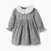 Cotton gingham dress with floral print for baby girls, white/navy blue