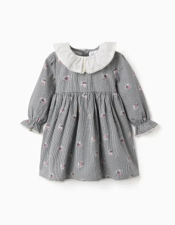Cotton gingham dress with floral print for baby girls, white/navy blue