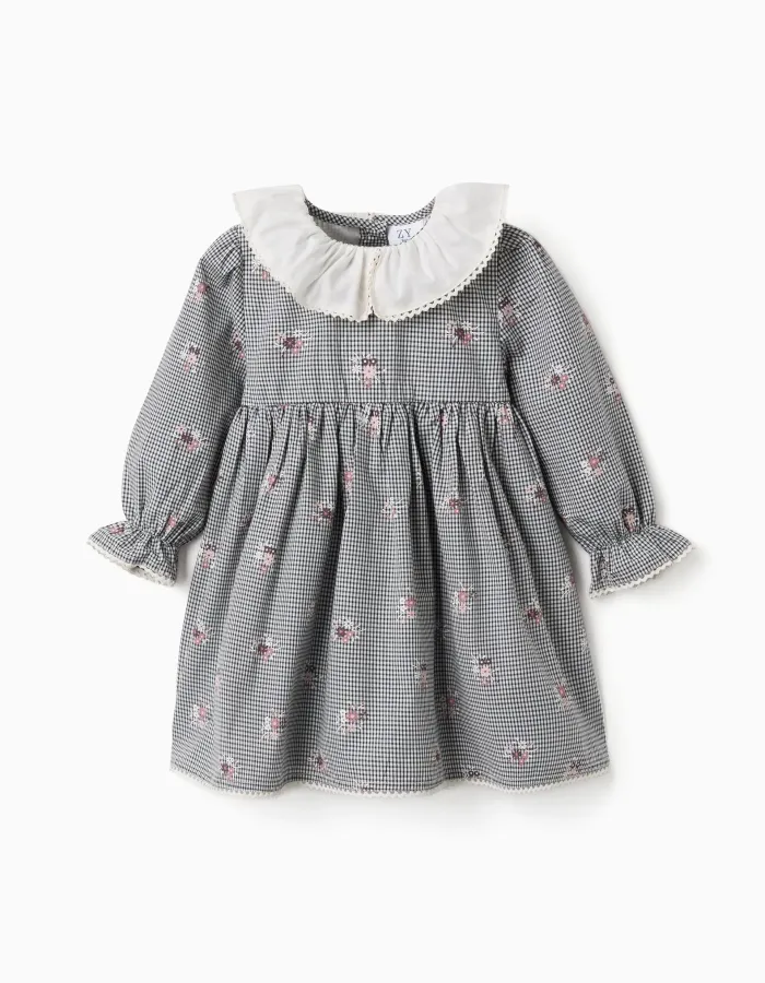Cotton gingham dress with floral print for baby girls, white/navy blue