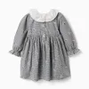 Cotton gingham dress with floral print for baby girls, white/navy blue