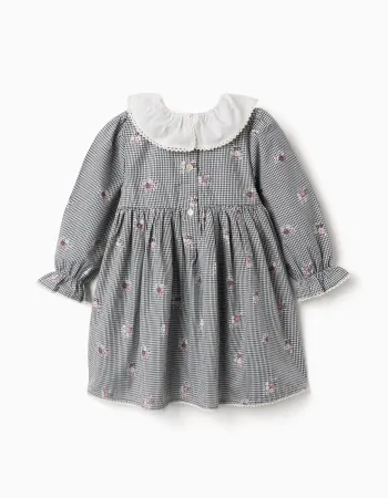 Cotton gingham dress with floral print for baby girls, white/navy blue