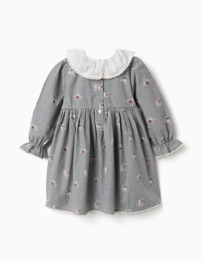 Cotton gingham dress with floral print for baby girls, white/navy blue