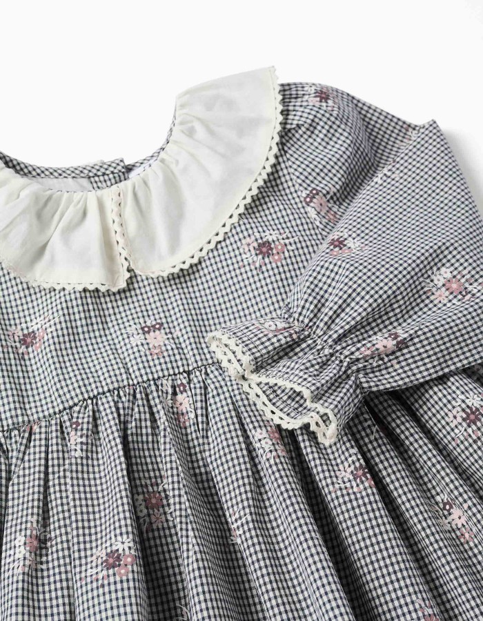 Cotton gingham dress with floral print for baby girls, white/navy blue
