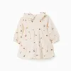 Long sleeve cotton dress with floral embroidery for baby girls, white