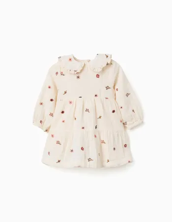 Long sleeve cotton dress with floral embroidery for baby girls, white