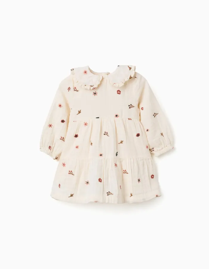 Long sleeve cotton dress with floral embroidery for baby girls, white