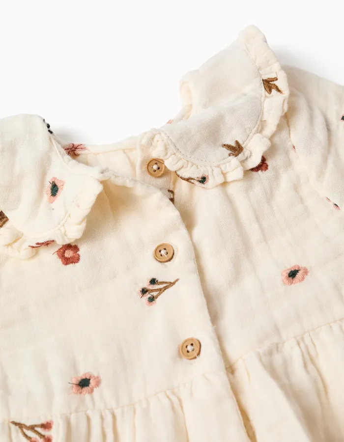 Long sleeve cotton dress with floral embroidery for baby girls, white