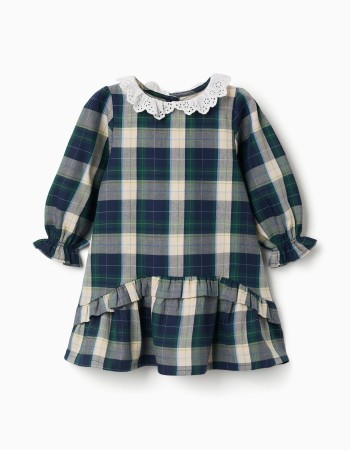 Checked cotton dress with ruffles B&S for baby girls, blue/green/beige