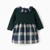 Dual-fabric checked dress B&S for newborn girls, blue/green/beige