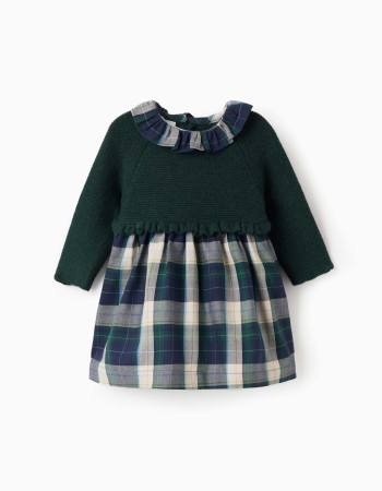 Dual-fabric checked dress B&S for newborn girls, blue/green/beige