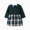 Dual-fabric checked dress B&S for newborn girls, blue/green/beige