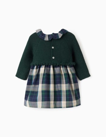 Dual-fabric checked dress B&S for newborn girls, blue/green/beige