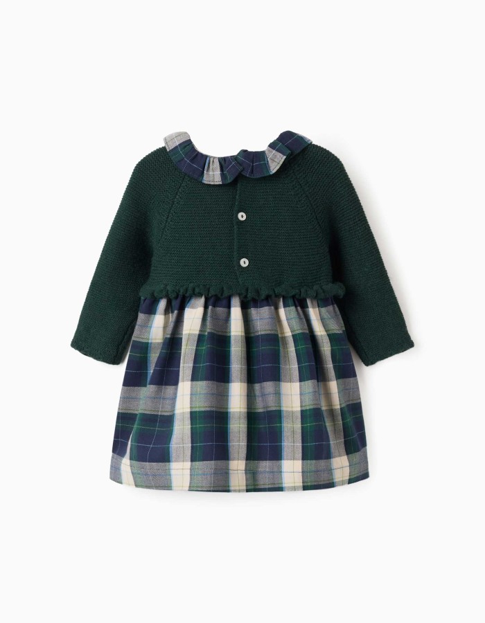 Dual-fabric checked dress B&S for newborn girls, blue/green/beige