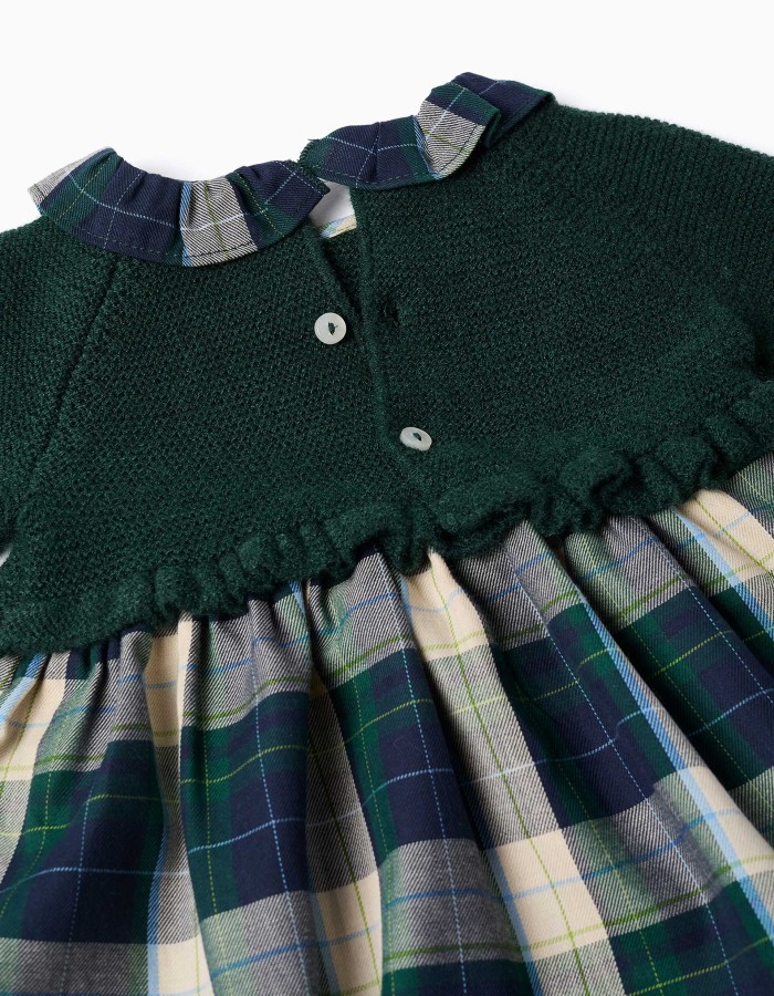 Dual-fabric checked dress B&S for newborn girls, blue/green/beige