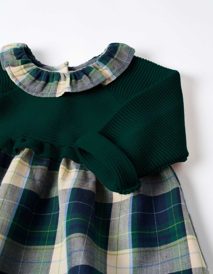 Dual-fabric checked dress B&S for newborn girls, blue/green/beige