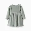 Long sleeve corduroy dress with ruffles for baby girls, light green