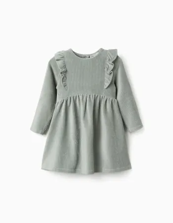 Long sleeve corduroy dress with ruffles for baby girls, light green