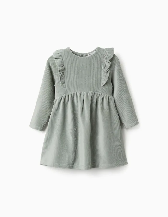 Long sleeve corduroy dress with ruffles for baby girls, light green