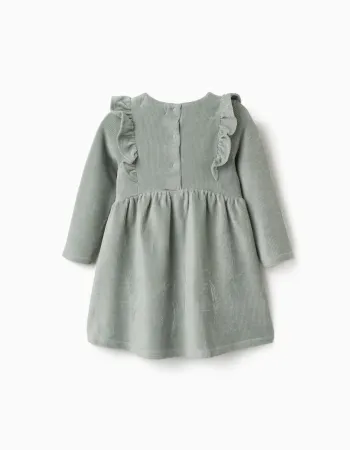 Long sleeve corduroy dress with ruffles for baby girls, light green