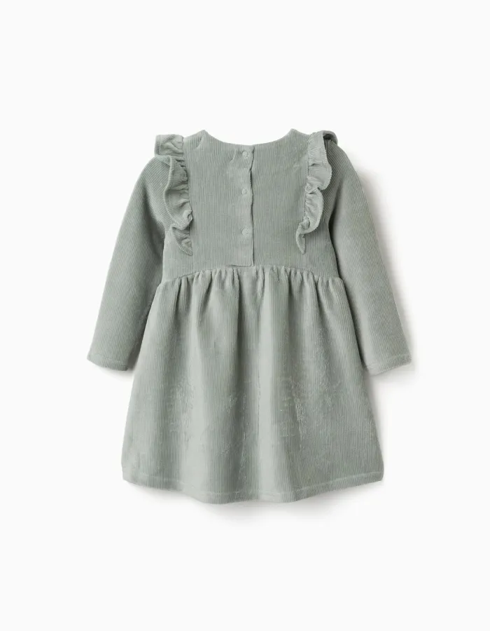 Long sleeve corduroy dress with ruffles for baby girls, light green