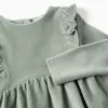 Long sleeve corduroy dress with ruffles for baby girls, light green