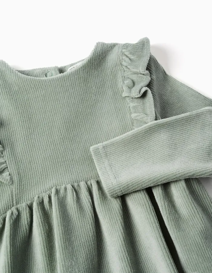 Long sleeve corduroy dress with ruffles for baby girls, light green