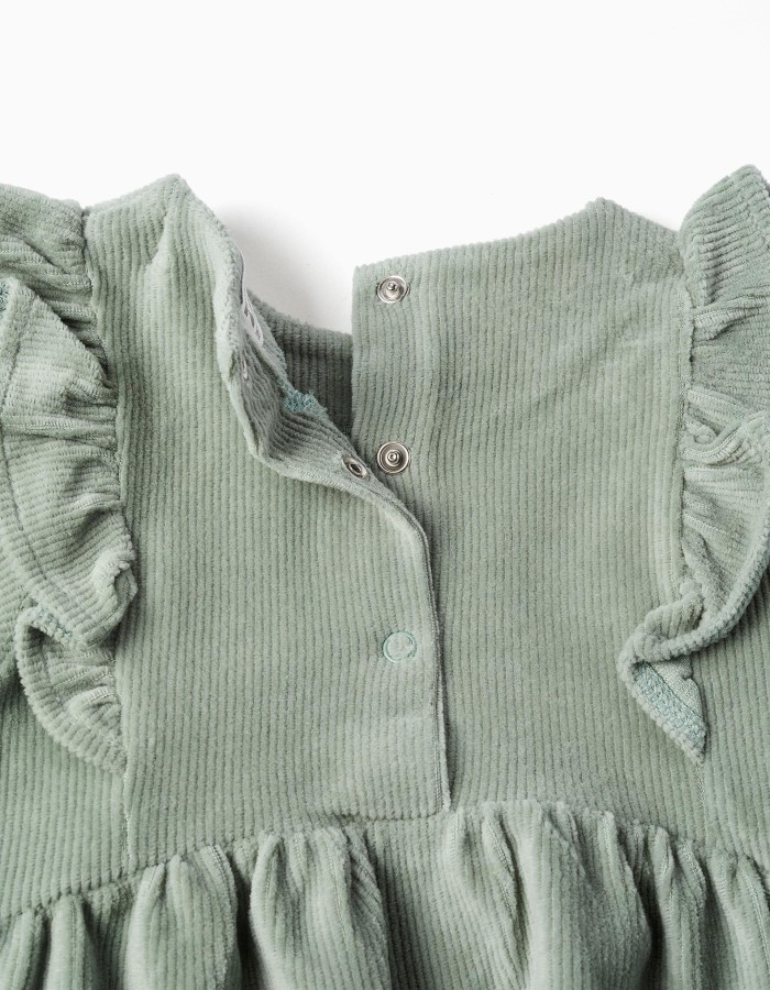 Long sleeve corduroy dress with ruffles for baby girls, light green