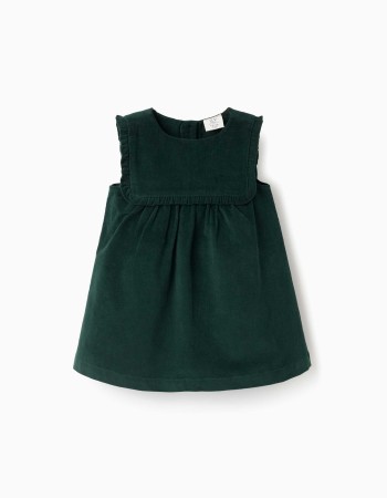 Corduroy pinafore dress with ruffles for baby girls, dark green