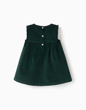 Corduroy pinafore dress with ruffles for baby girls, dark green
