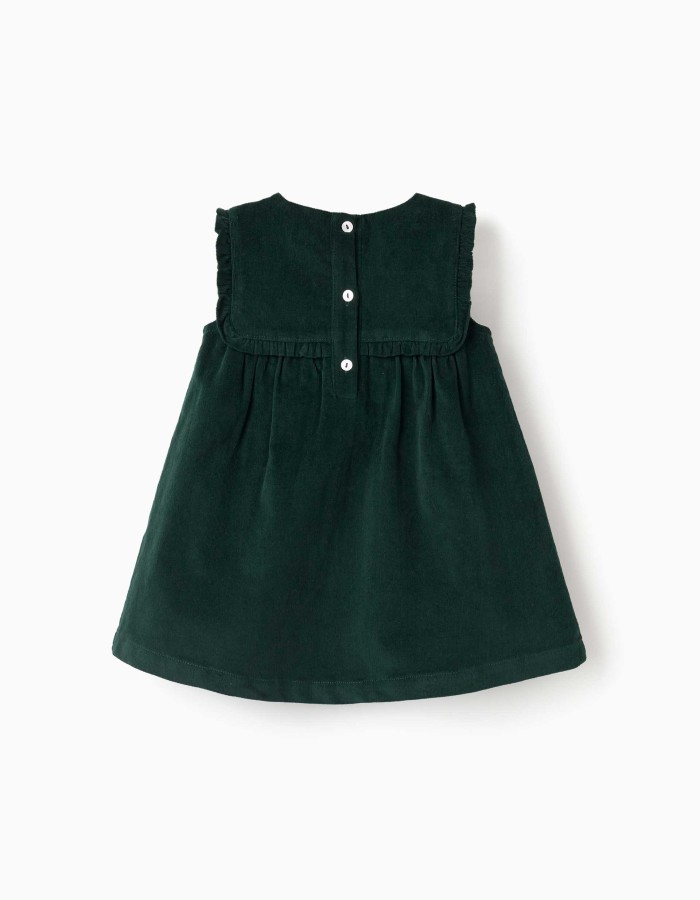 Corduroy pinafore dress with ruffles for baby girls, dark green