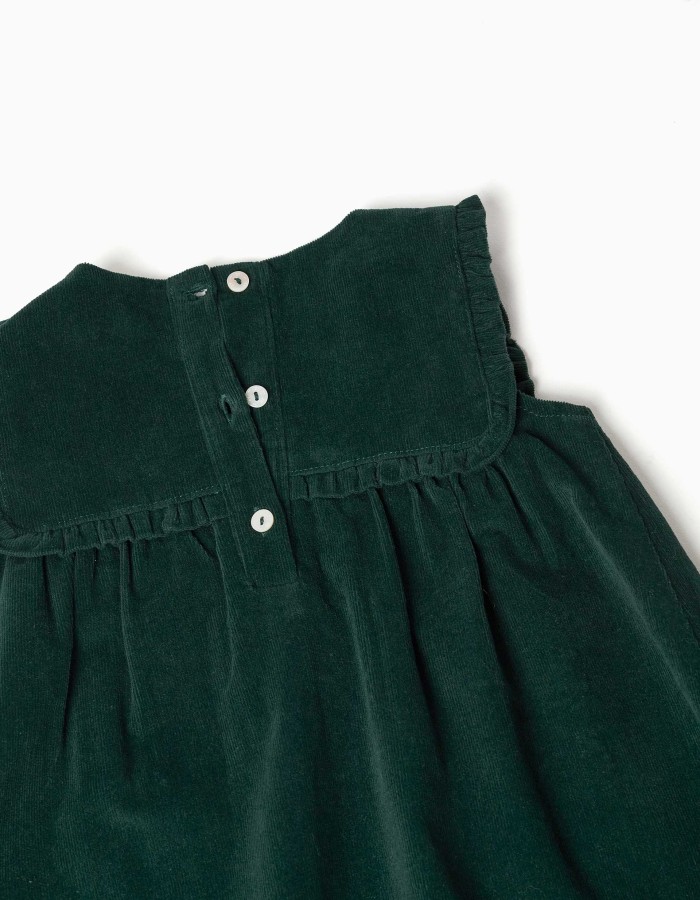Corduroy pinafore dress with ruffles for baby girls, dark green