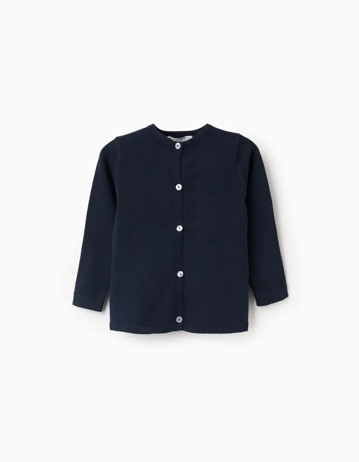 Round Neck Cardigan for Baby Girls, Dark Blue
