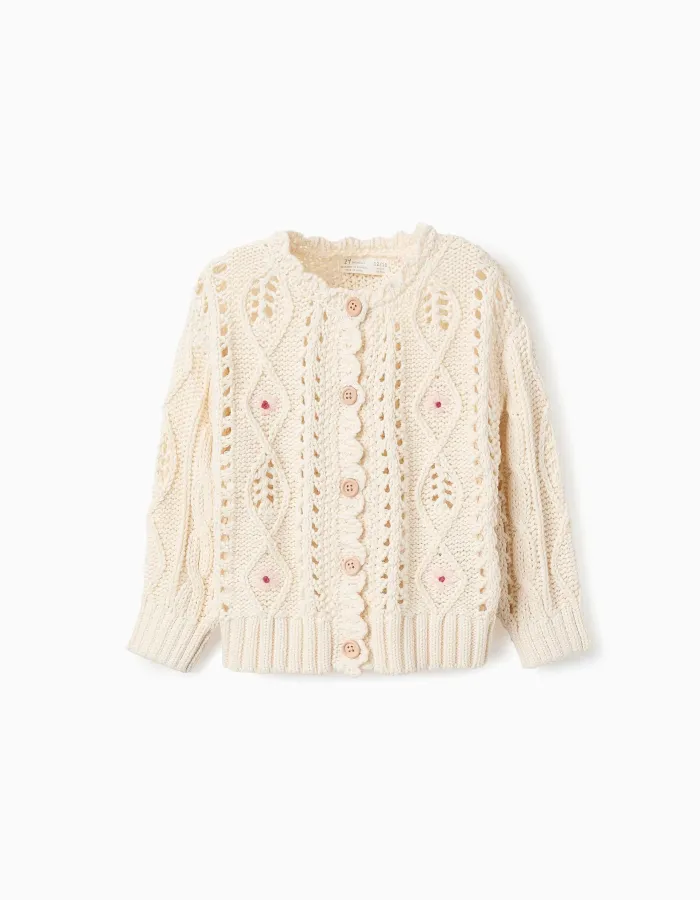 Thick Knit Cardigan with Flower Embroideries for Baby Girls, Beige
