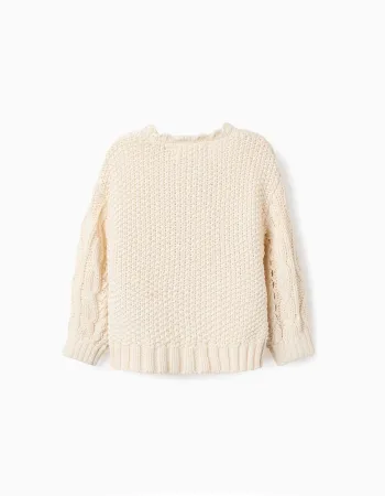 Thick Knit Cardigan with Flower Embroideries for Baby Girls, Beige