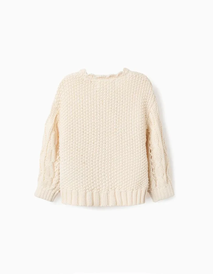 Thick Knit Cardigan with Flower Embroideries for Baby Girls, Beige
