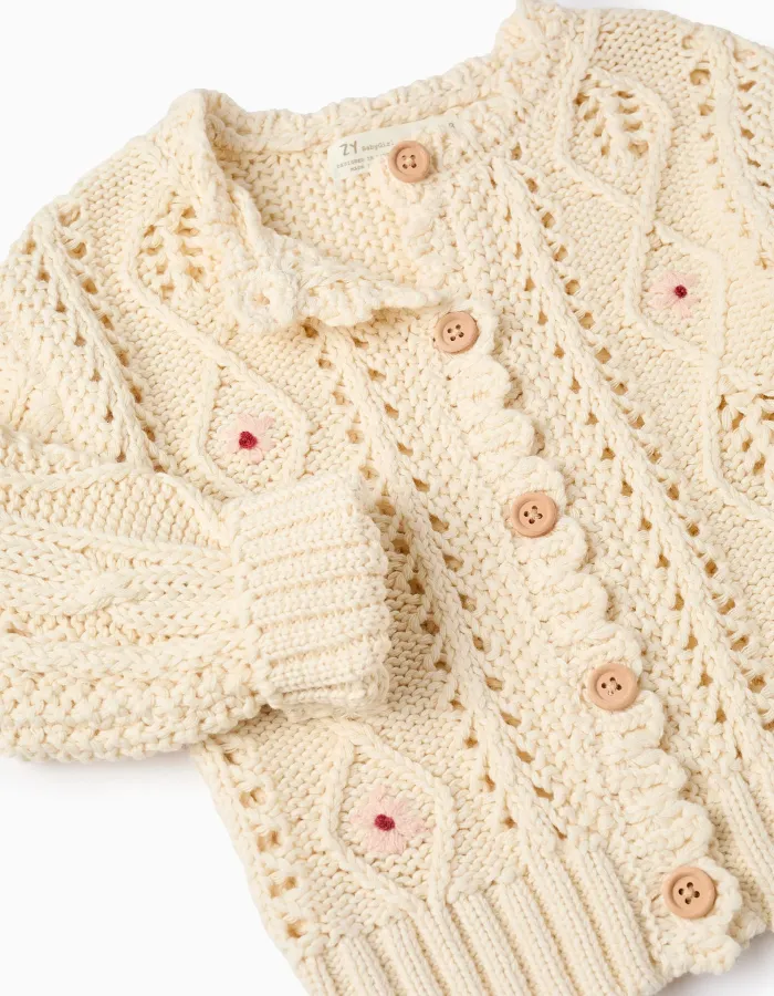 Thick Knit Cardigan with Flower Embroideries for Baby Girls, Beige