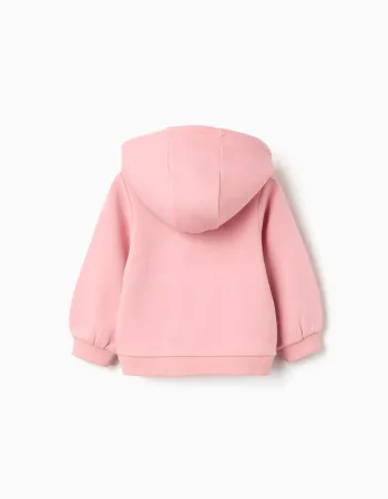 Brushed hooded jacket with chest print for baby girls, pink