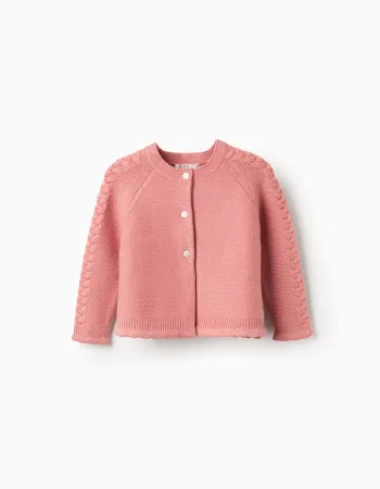 Knitted cardigan with cable details for baby girls, pink