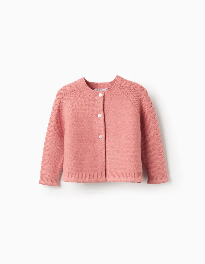 Knitted cardigan with cable details for baby girls, pink