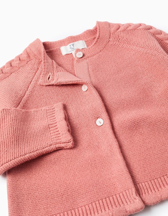 Knitted cardigan with cable details for baby girls, pink