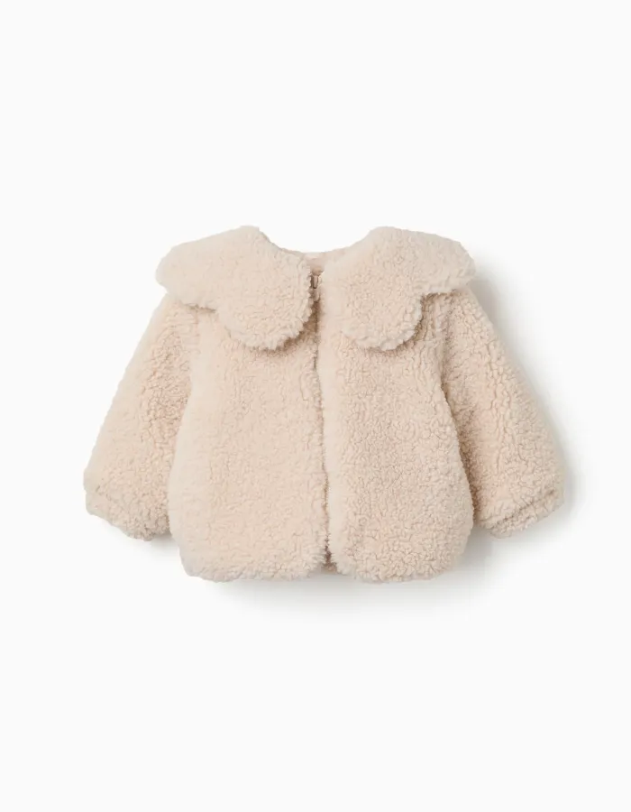 Padded sherpa jacket with maxi collar for baby girls, white