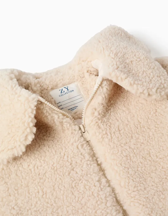 Padded sherpa jacket with maxi collar for baby girls, white