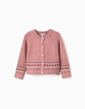 Knitted cardigan with jacquard pattern for baby girls, dusty pink