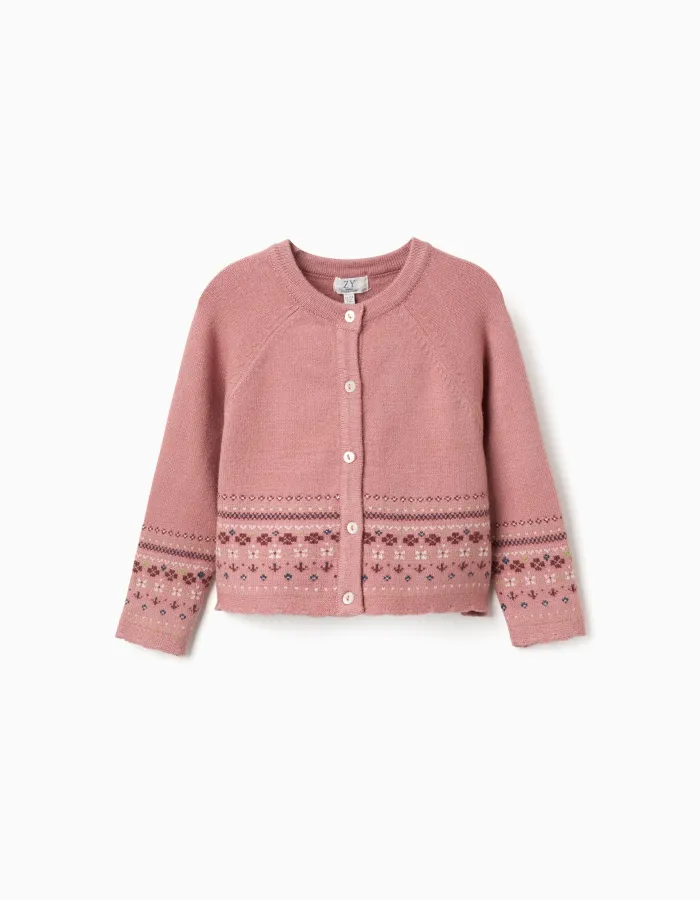 Knitted cardigan with jacquard pattern for baby girls, dusty pink