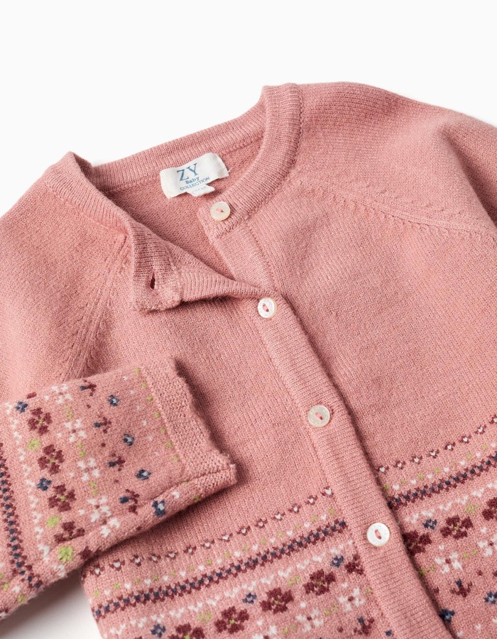Knitted cardigan with jacquard pattern for baby girls, dusty pink