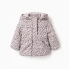 Floral puffer jacket with hood and plush lining for baby girls, beige