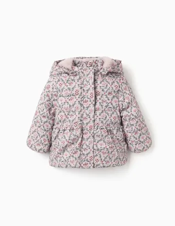 Floral puffer jacket with hood and plush lining for baby girls, beige