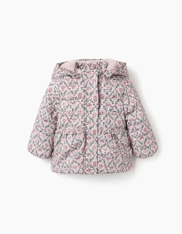 Floral puffer jacket with hood and plush lining for baby girls, beige