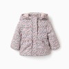 Floral puffer jacket with hood and plush lining for baby girls, beige